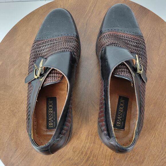 Brass Boot Mens Shoes 10 Brown Black Braided Leather Cap Toe Monk Strap Loafer - Picture 8 of 16